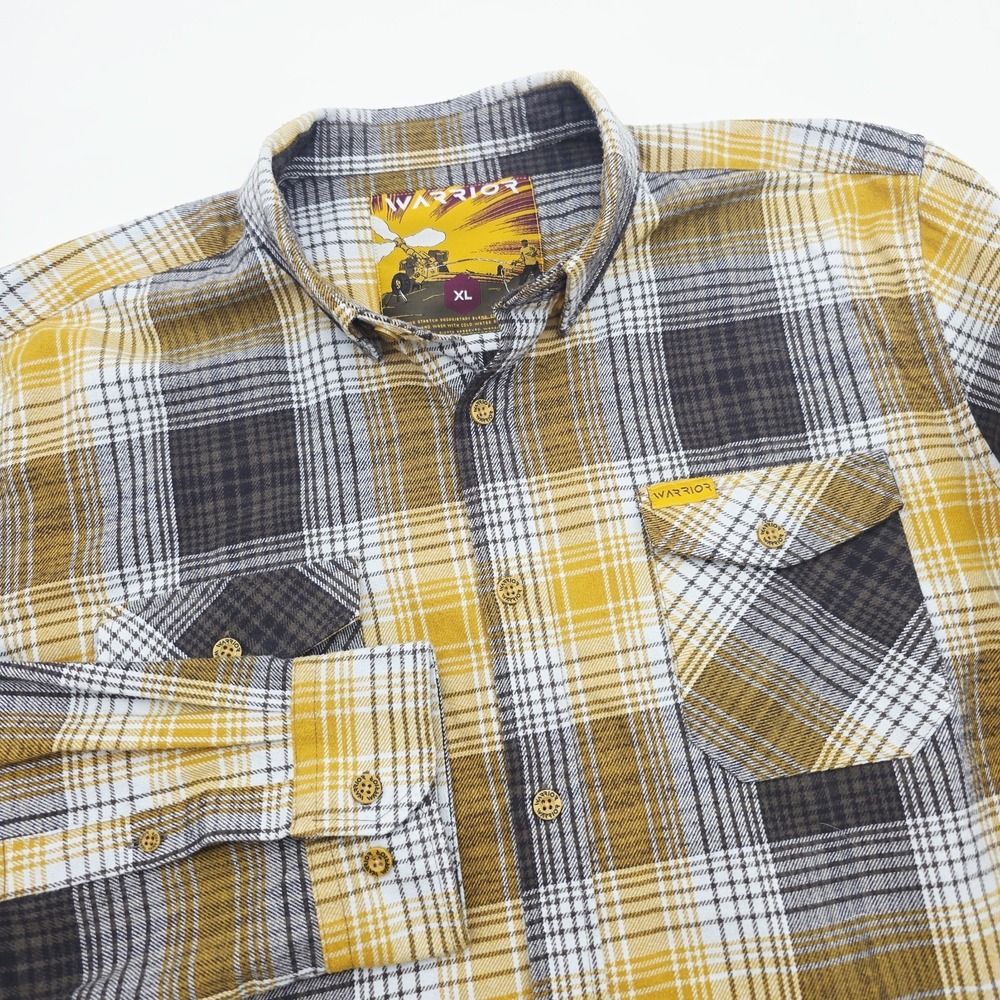 Warrior Mens Long Sleeve Plaid Flannel Button Up Shirt Yellow Black Size XL